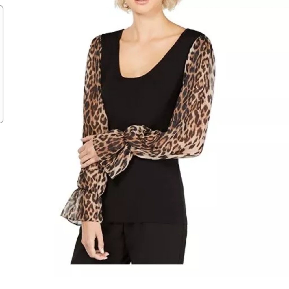 INC black top sweater with shear leopard print sleeves XXL